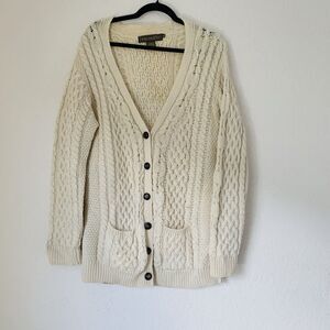 Inis Crafts‎ Sweater Cardigan Women L Beige Wool Fisherman Cable Knit Ireland